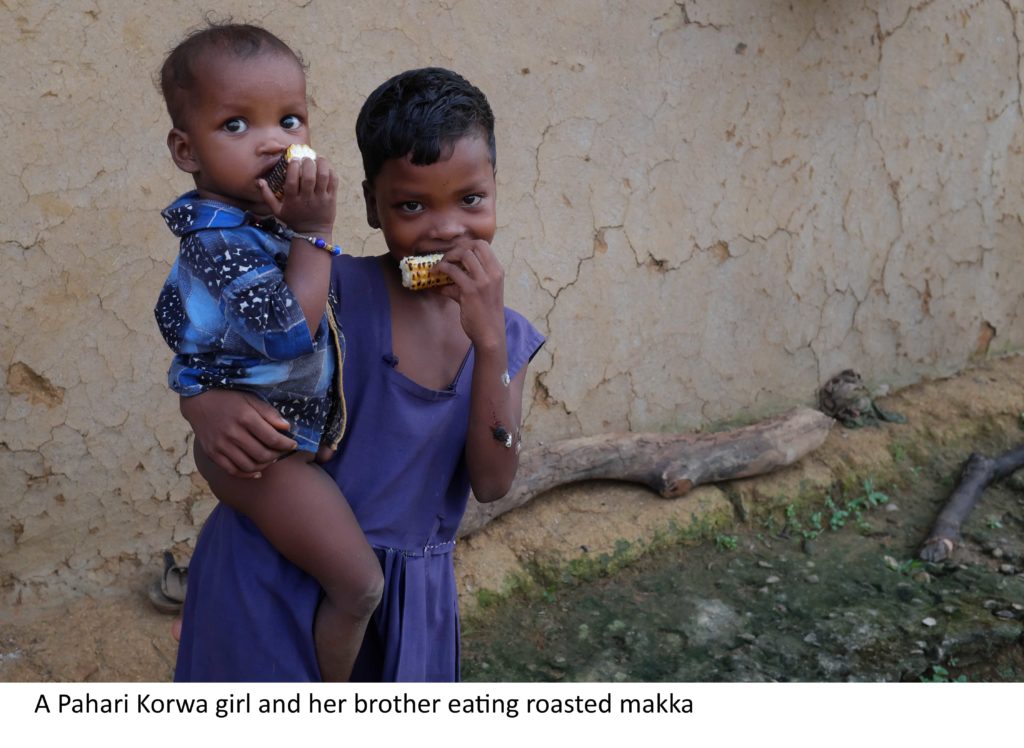 A Pahari Korwa girl and her brother eating roasted makka